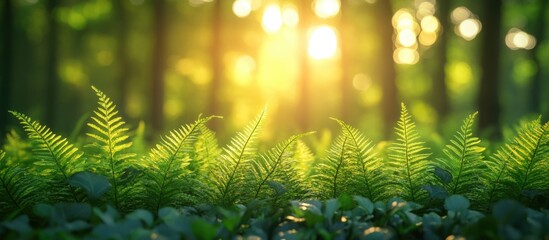 Aufkleber - Lush green fern leaves in sunlit forest with soft bokeh background and copy space for text.