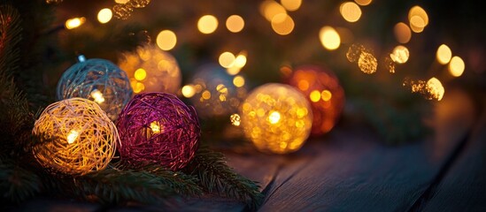 Leinwandbilder - Colorful decorative string lights with blurred bokeh effect on wooden surface Copy Space