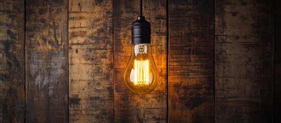 Poster - Vintage light bulb hanging against a rustic wooden background with warm illumination and Copy Space for text placement.