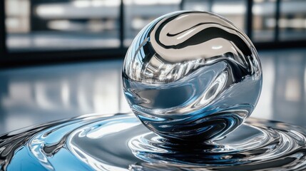 Poster - High-resolution close-up of a reflective metallic sphere on a smooth surface with blurred urban background and ample Copy Space.