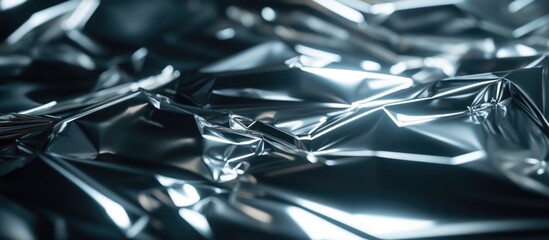 Poster - Shiny crumpled metallic foil texture background with reflective surfaces and folds Copy Space