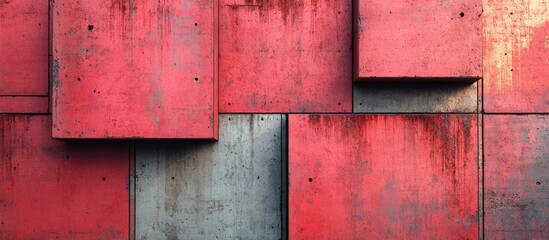 Poster - Textured concrete wall with red and grey painted panels and weathered surface Copy Space