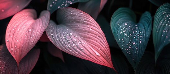 Poster - Colorful leaves with water droplets in a dark background featuring pink and teal shades Copy Space