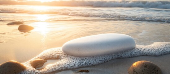 Poster - Smooth white stone on sandy beach with gentle waves during sunset showing foam and rounded pebbles Copy Space