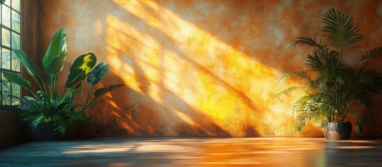 Poster - Bright sunlit interior with vibrant orange walls, potted green plants, and long shadows, featuring ample Copy Space for text.