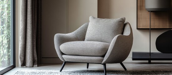 Poster - Modern grey armchair in contemporary living room setting with natural light and elegant decor elements Copy Space