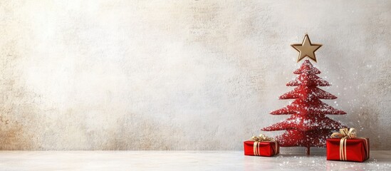 Aufkleber - Christmas tree with red decorations and gifts on a textured background Copy Space