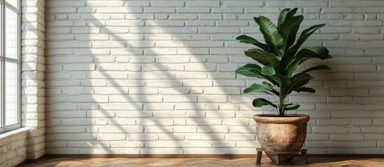 Aufkleber - Indoor space with a potted plant beside a white brick wall and natural sunlight casting shadows Copy Space