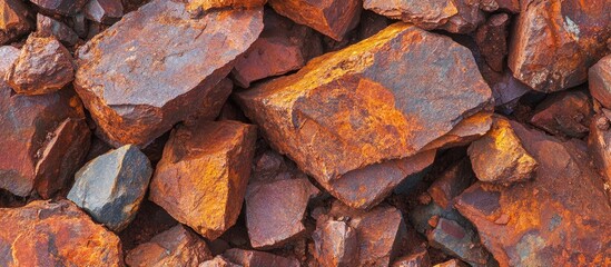 Poster - Rusty iron ore rocks texture close-up with variations in color and rough surfaces suitable for background or material design Copy Space