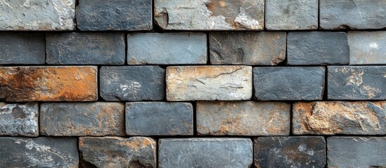 Poster - Textured stone wall with varying shades of gray and brown bricks arranged in a uniform pattern Copy Space