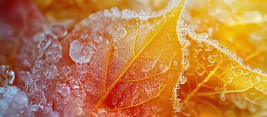 Poster - Close-up of frozen autumn leaves with frost and ice crystals on colorful foliage in natural light Copy Space