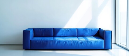 Aufkleber - Modern blue leather sofa against a white wall with natural light and copy space for text.