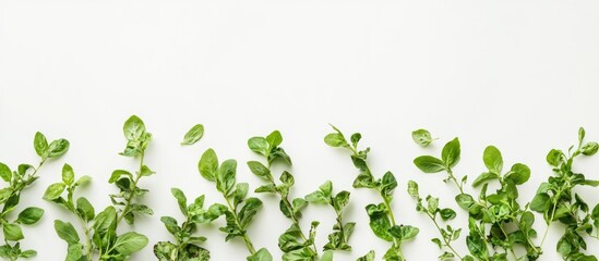 Fototapete - Green leaves arranged on a white background with ample Copy Space for text placement or design elements