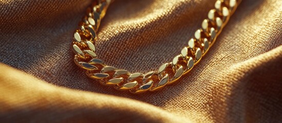 Poster - Close-up of a gold chain lying on satin fabric with soft lighting and copy space for text placement.