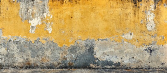 Poster - Textured and weathered wall surface with peeling yellow paint and gray patches, suitable for background or art projects, Copy Space