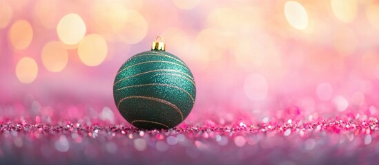 Aufkleber - Green Christmas ornament with golden cap on a glittery pink and purple background with bokeh lights Copy Space