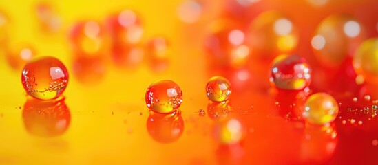 Poster - Macro shot of colorful water droplets on a surface with orange and yellow gradient background and reflections Copy Space