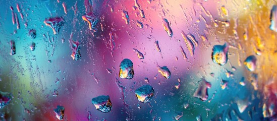 Fototapete - Colorful abstract background with water droplets on glass surface and copy space for text.