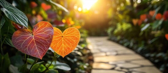 Poster - Colorful heart-shaped leaves in a garden with a stone pathway and sunlight creating a warm atmosphere Copy Space