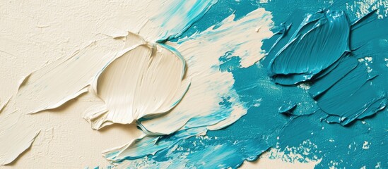 Poster - Abstract texture of thickly applied blue and beige paint on canvas background with brush strokes and copy space