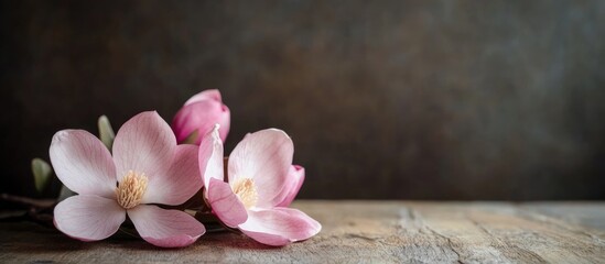 Leinwandbilder - Pink magnolia flowers arranged on a rustic wooden surface with dark textured background and ample copy space for text placement
