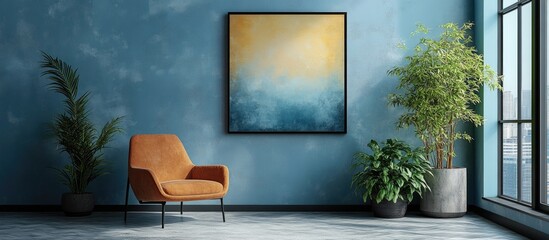 Aufkleber - Modern living room interior with orange chair, large artwork on blue wall, potted plants, and natural light from window Copy Space