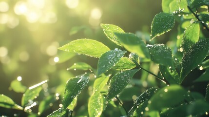 Wall Mural - Dew-kissed leaves, sunrise, nature, background bokeh, plant life