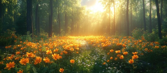 Poster - Sunlight filtering through dense forest trees onto a meadow filled with yellow flowers in a lush green landscape Copy Space