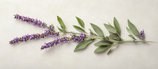 Poster - Purple flowering branch with green leaves on a light background with copy space for text