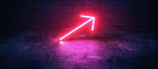 Fototapete - Neon pink arrow pointing upwards on a dark textured background with reflective surface and copy space for text.