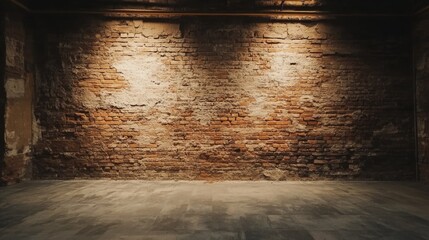 Leinwandbilder - Textured brick wall in an empty room with dramatic lighting and Copy Space on the floor for placement of text or graphics.