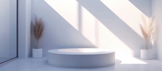 Aufkleber - Modern minimalistic interior with round podium, natural light casting shadows, and decorative plants in white pots, Copy Space available.