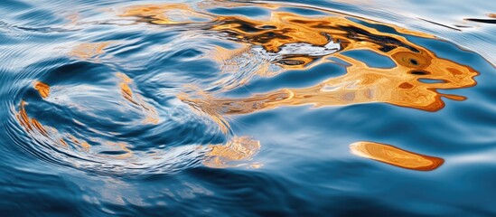 Poster - Close-up of rippling water surface with orange reflections and textures, abstract background with Copy Space.