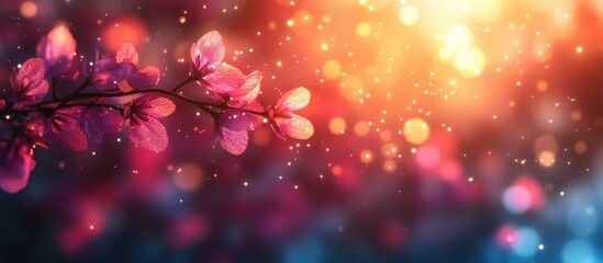 Leinwandbilder - Abstract floral bokeh background with cherry blossom branch illuminated by soft colorful light and blurred sparkles with Copy Space