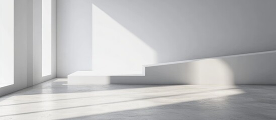 Leinwandbilder - Interior of a bright empty room with large windows casting shadows on the gray floor and walls featuring Copy Space