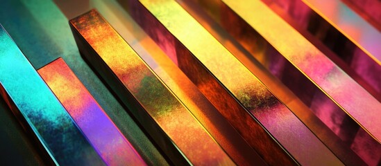 Leinwandbilder - Colorful metallic bars with a reflective surface arranged in a diagonal pattern with vivid hues and copy space for text placement