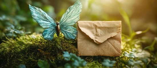 Poster - Butterfly resting beside a vintage envelope on a mossy surface in a lush forest setting with soft sunlight and Copy Space