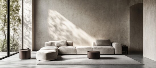 Poster - Modern minimalist living room interior design with beige upholstery sofa, round coffee table, and natural light image with Copy Space