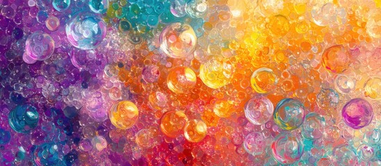 Poster - Colorful abstract bubble background with various sizes of bubbles and vibrant hues of purple, orange, blue, and yellow with Copy Space.