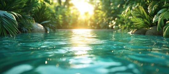 Aufkleber - Tranquil river scene at sunrise with lush greenery and reflection on water surface Copy Space