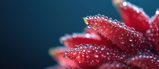 Aufkleber - Close-up of succulent plant with water droplets on vibrant red tips against a blue background Copy Space