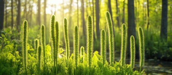 Aufkleber - Lush green forest scene with vibrant tall plants illuminated by soft sunlight in a natural habitat with Copy Space