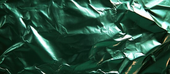 Poster - Green crumpled metallic foil texture background with reflective surface and deep shadows Copy Space
