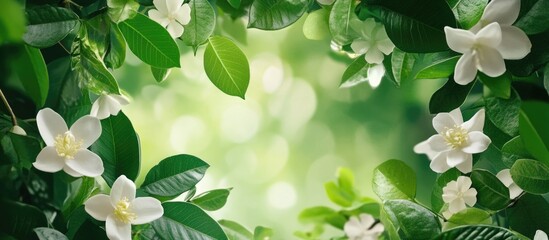 Fototapete - Floral frame with white flowers and green leaves on soft bokeh background Copy Space