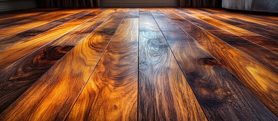 Aufkleber - Polished hardwood floor with rich grain patterns and warm tones in a contemporary interior setting with Copy Space