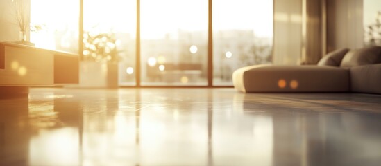 Aufkleber - Modern living room interior with sunlight streaming through large windows and polished floor reflecting warm light. Copy Space available.