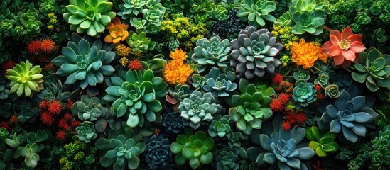 Aufkleber - Vibrant assorted succulent plants in a lush green background with colorful flower accents and ample copy space