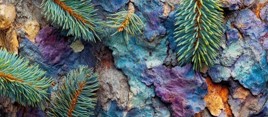 Aufkleber - Colorful textured surface with pine tree branches and vibrant hues, featuring shades of blue, purple, and orange, Copy Space