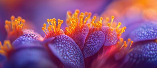 Poster - Close-up of Vibrant Purple Flowers with Orange Stamens and Soft Focus Background Copy Space