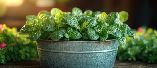 Aufkleber - Fresh green potted plants in a rustic metal container with soft sunlight and bokeh background Copy Space